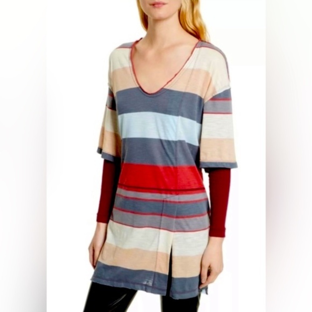 We the Free People Womens Kate Stripe Tunic Top XS Slate Red Blue V-Neck